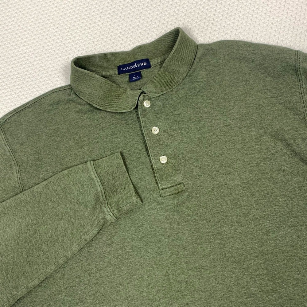 Lands End Mens Large Olive Green Long Sleeve Cotton Polo Shirt 42-44 RN62830